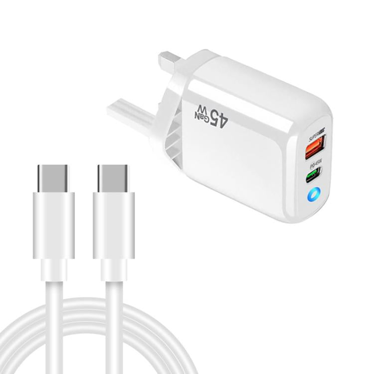 Cargador TE-PD45 GaN de 45 W PD3.0 / Tipo-C + USB 3.0 con cable de datos Tipo-C a Tipo-C, enchufe británico.