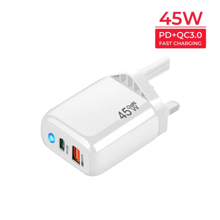 Cargador TE-PD45 GaN de 45 W PD3.0 / Tipo-C + USB 3.0 con cable de datos Tipo-C a Tipo-C, enchufe británico.