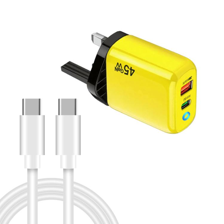 Cargador TE-PD45 GaN de 45 W PD3.0 / Tipo-C + USB 3.0 con cable de datos Tipo-C a Tipo-C, enchufe británico.
