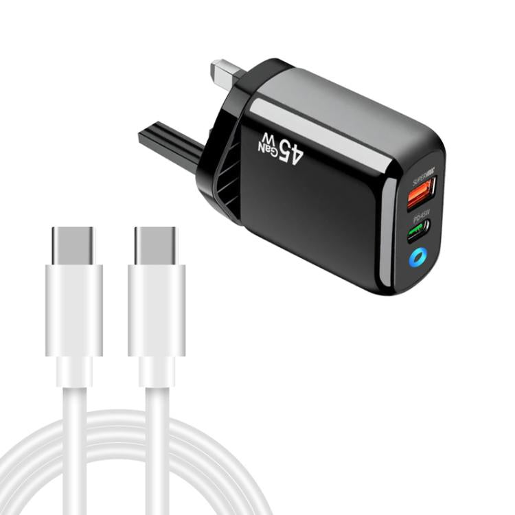 Cargador TE-PD45 GaN de 45 W PD3.0 / Tipo-C + USB 3.0 con cable de datos Tipo-C a Tipo-C, enchufe británico.
