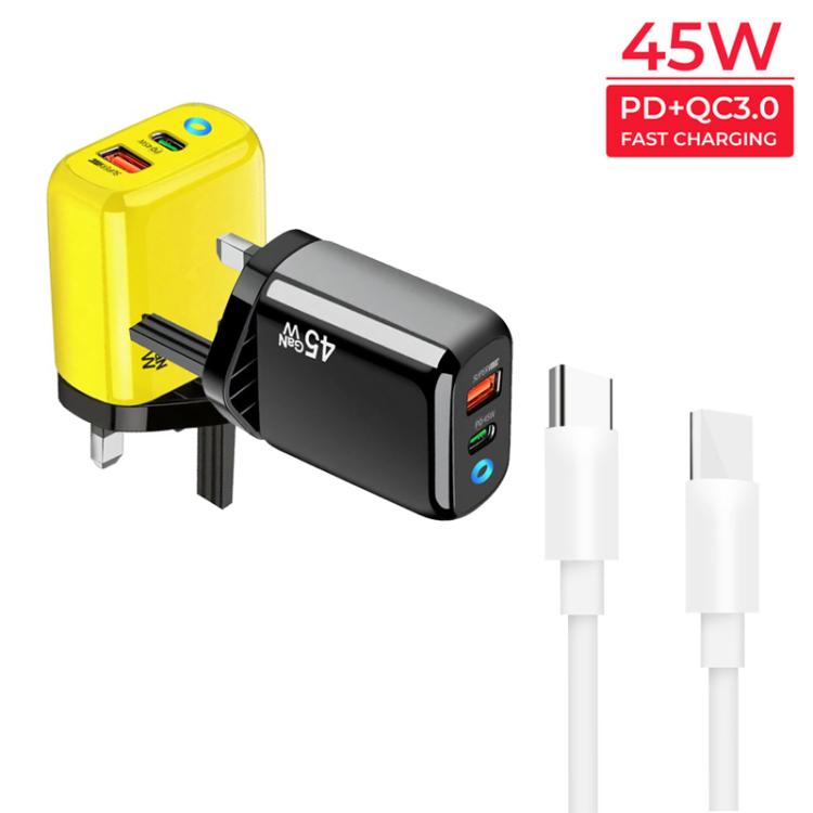 Cargador TE-PD45 GaN de 45 W PD3.0 / Tipo-C + USB 3.0 con cable de datos Tipo-C a Tipo-C, enchufe británico.