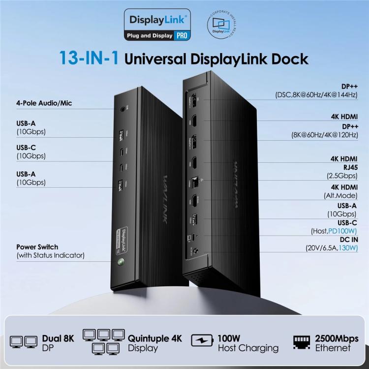 Estación de acoplamiento WAVLINK UG75PD5-3H2D2 para Mac M1 / M2 / M3 / M4 / Windows DisplayLink-7400, US Plug, EU Plug, UK Plug, AU Plug