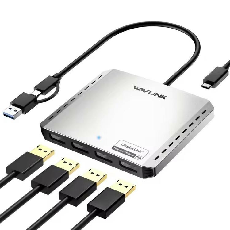 Adaptador convertidor WAVLINK UG7501D de 85 W con carga ascendente y 4 puertos DisplayPort para pantallas 4K/8K, UG7501D