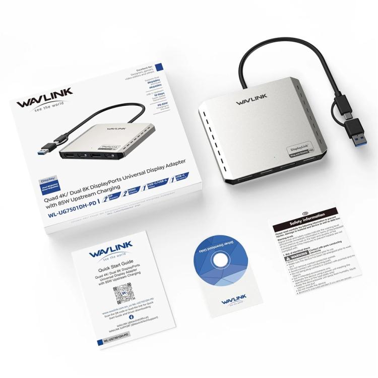 Adaptador convertidor WAVLINK UG7501D de 85 W con carga ascendente y 4 puertos DisplayPort para pantallas 4K/8K, UG7501D