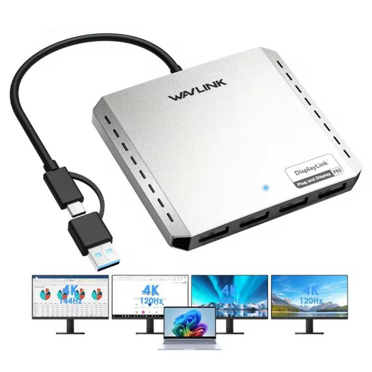 Adaptador convertidor WAVLINK UG7501D de 85 W con carga ascendente y 4 puertos DisplayPort para pantallas 4K/8K, UG7501D
