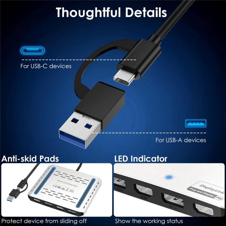 Adaptador convertidor WAVLINK UG7501D de 85 W con carga ascendente y 4 puertos DisplayPort para pantallas 4K/8K, UG7501D