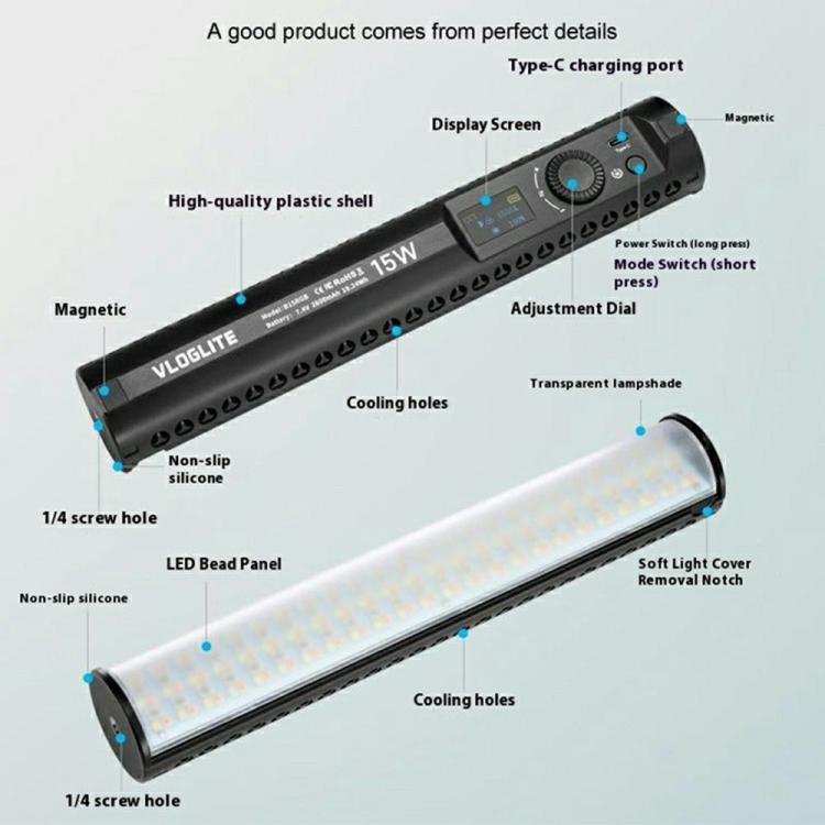 VLOGLITE B15RGB para fotografía y transmisión en vivo, lámpara ambiental RGB, barra de luz LED portátil, B15RGB