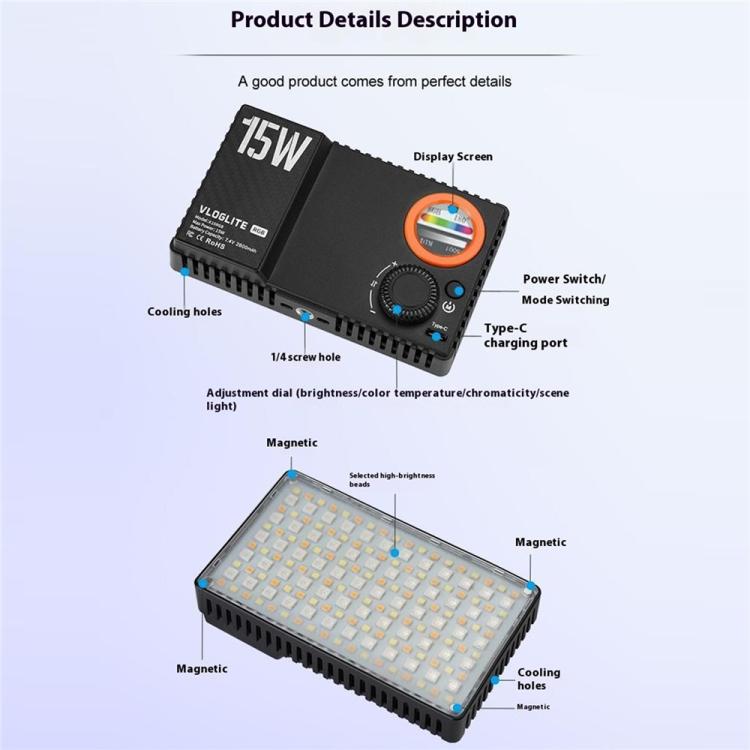 Lámpara de estudio fotográfico VLOGLITE K15RGB de 15 W con luz de relleno a todo color y luz LED RGB para vídeo., K15RGB