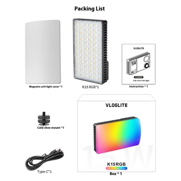 Lámpara de estudio fotográfico VLOGLITE K15RGB de 15 W con luz de relleno a todo color y luz LED RGB para vídeo., K15RGB