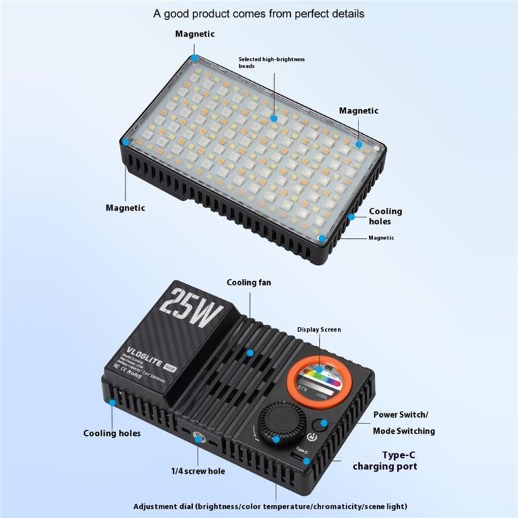 Luz de relleno RGB de alta potencia VLOGLITE K25RGB para fotografía y vídeo de cámara, 25 W., K25RGB