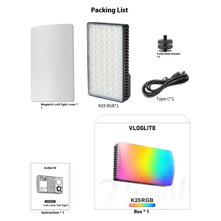 Luz de relleno RGB de alta potencia VLOGLITE K25RGB para fotografía y vídeo de cámara, 25 W., K25RGB