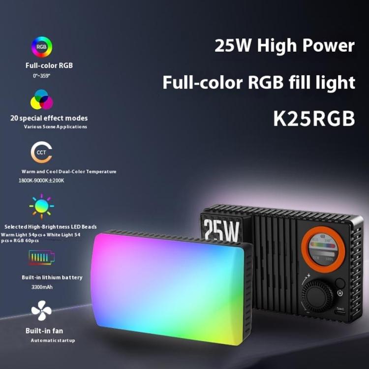Luz de relleno RGB de alta potencia VLOGLITE K25RGB para fotografía y vídeo de cámara, 25 W., K25RGB