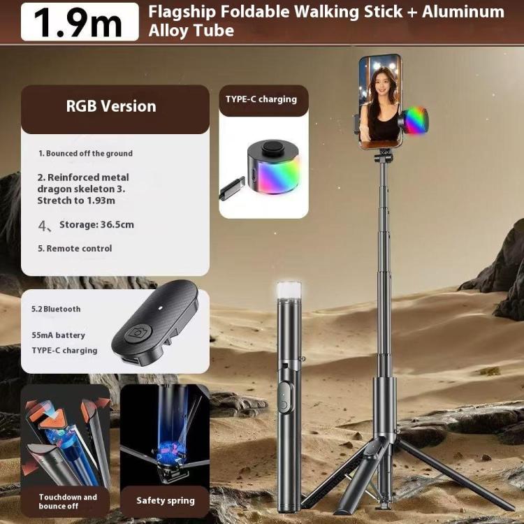 Trípode para selfies portátil con luz de belleza RGB P27-D de 1,9 m, extensible y con mecanismo automático desplegable., P27-D