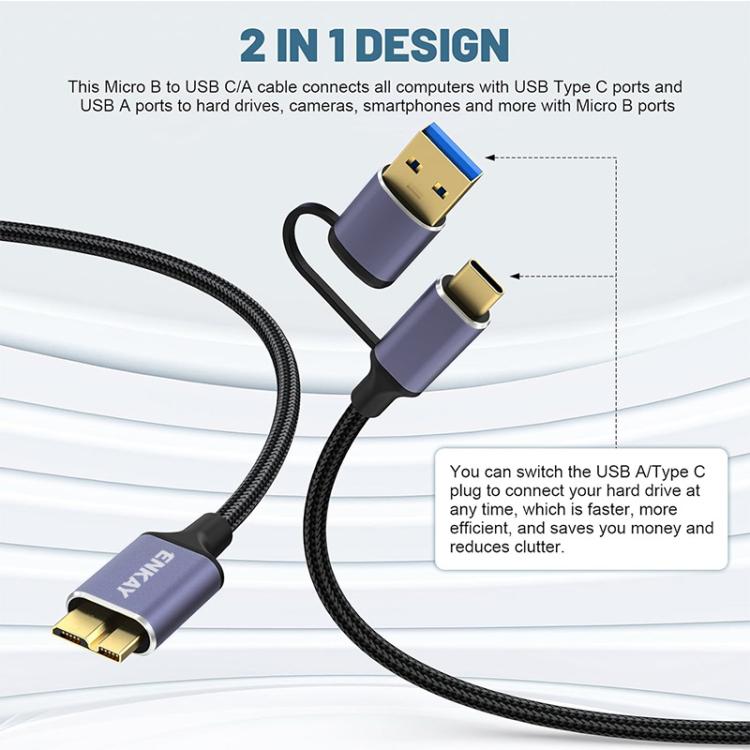 Cable ENKAY 2 en 1 USB 3.0 / Tipo-C a USB 3.0 Micro-B de 5 Gbps para cámara de datos y disco duro, 0.5m, 1m, 1.5m, 0.25m