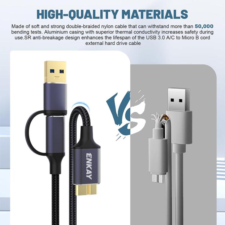Cable ENKAY 2 en 1 USB 3.0 / Tipo-C a USB 3.0 Micro-B de 5 Gbps para cámara de datos y disco duro, 0.5m, 1m, 1.5m, 0.25m