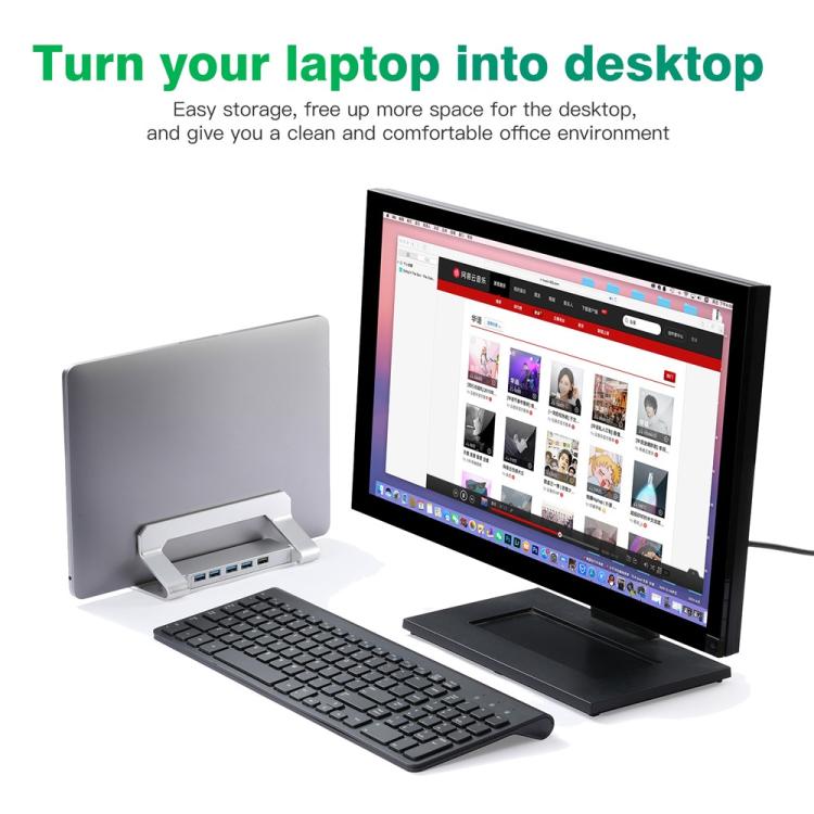 D051-3 Organizador de escritorio vertical de aleación de aluminio para portátil con concentrador de 4 puertos USB, D051-3