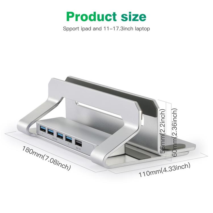 D051-3 Organizador de escritorio vertical de aleación de aluminio para portátil con concentrador de 4 puertos USB, D051-3