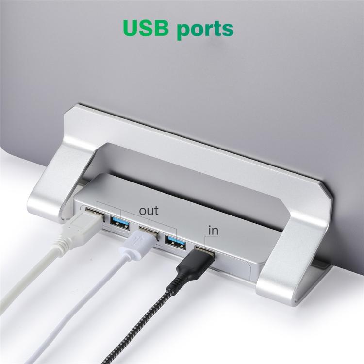 D051-3 Organizador de escritorio vertical de aleación de aluminio para portátil con concentrador de 4 puertos USB, D051-3
