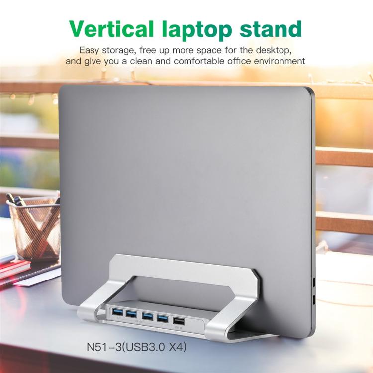 D051-3 Organizador de escritorio vertical de aleación de aluminio para portátil con concentrador de 4 puertos USB, D051-3