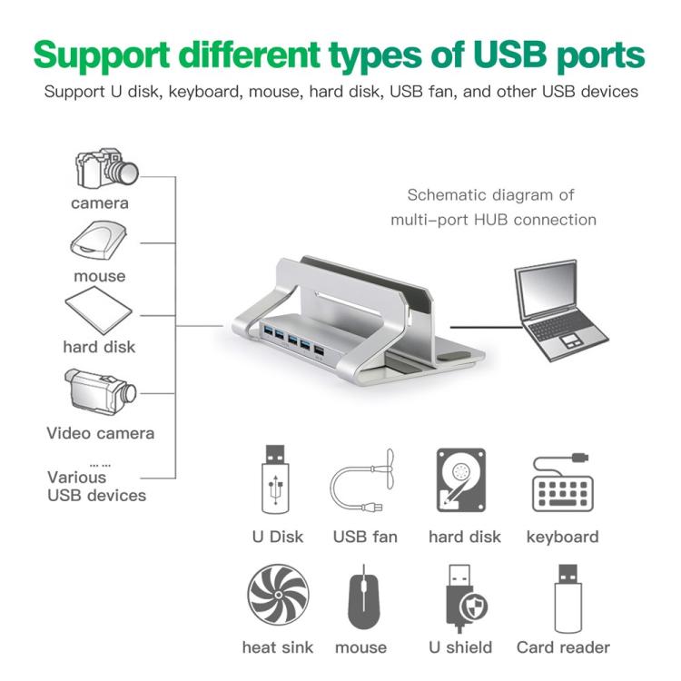 D051-3 Organizador de escritorio vertical de aleación de aluminio para portátil con concentrador de 4 puertos USB, D051-3