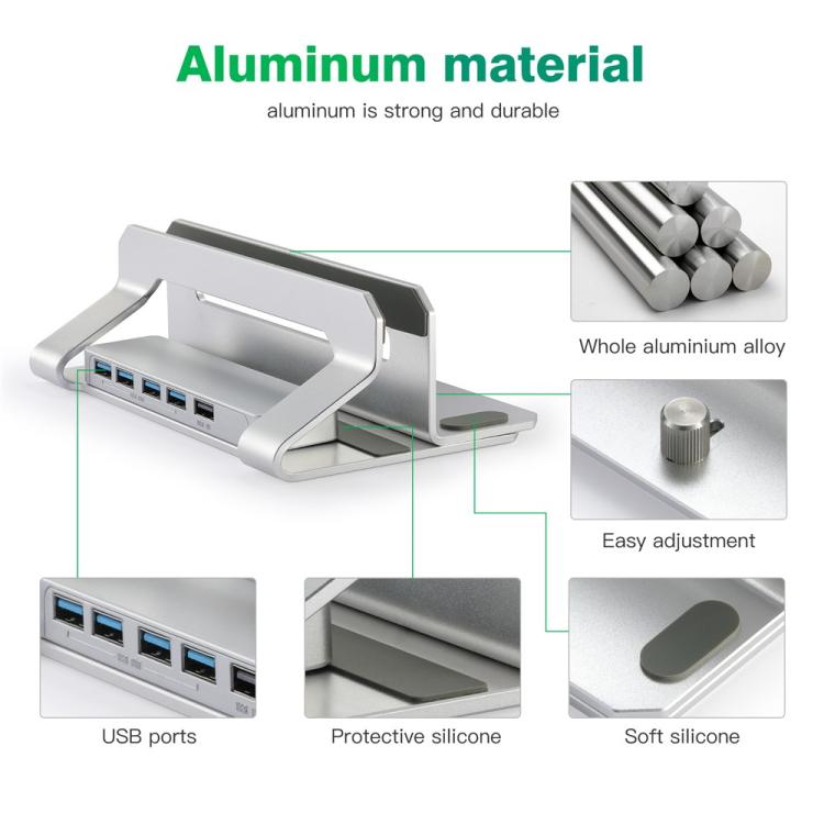D051-3 Organizador de escritorio vertical de aleación de aluminio para portátil con concentrador de 4 puertos USB, D051-3