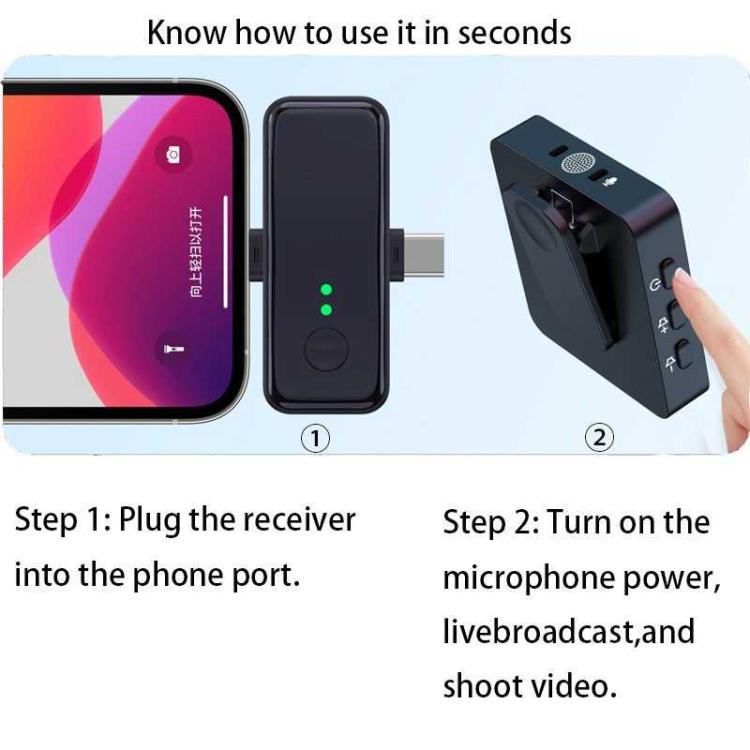 Micrófono inalámbrico F15 2 en 1 con clip de solapa, reducción de ruido inteligente, para conectores tipo C y de 8 pines.