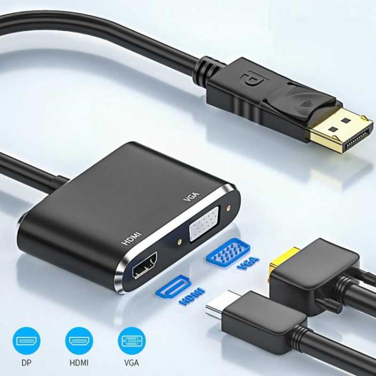 Adaptador DisplayPort a HDMI y VGA, compatible con doble monitor, salida HDMI 4K y Full HD.