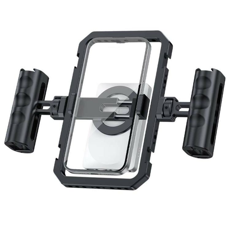 Estabilizador de vídeo para smartphone SCG-P03 con mango doble magnético y rango de sujeción de 61-85 mm, fabricado en aleación de aluminio.