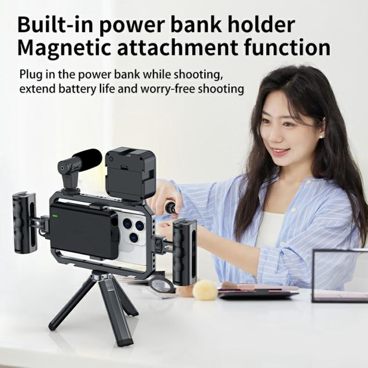 Estabilizador de vídeo para smartphone SCG-P03 con mango doble magnético y rango de sujeción de 61-85 mm, fabricado en aleación de aluminio.