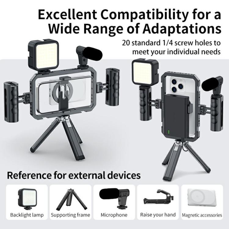 Estabilizador de vídeo para smartphone SCG-P03 con mango doble magnético y rango de sujeción de 61-85 mm, fabricado en aleación de aluminio.