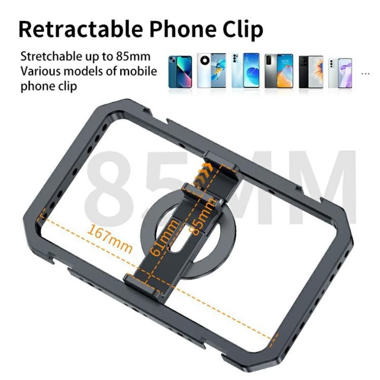 Estabilizador de vídeo para smartphone SCG-P03 con mango doble magnético y rango de sujeción de 61-85 mm, fabricado en aleación de aluminio.