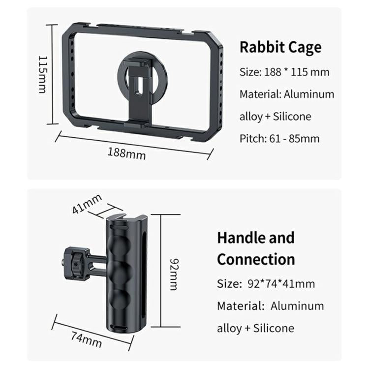 Estabilizador de vídeo para smartphone SCG-P03 con mango doble magnético y rango de sujeción de 61-85 mm, fabricado en aleación de aluminio.