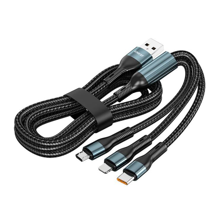 Cable de carga rápida ENKAY 3 en 1 de 120 W USB a 8 pines / Tipo-C / Micro USB, trenzado de nailon, longitud: 1,2 m, ENK-CB184