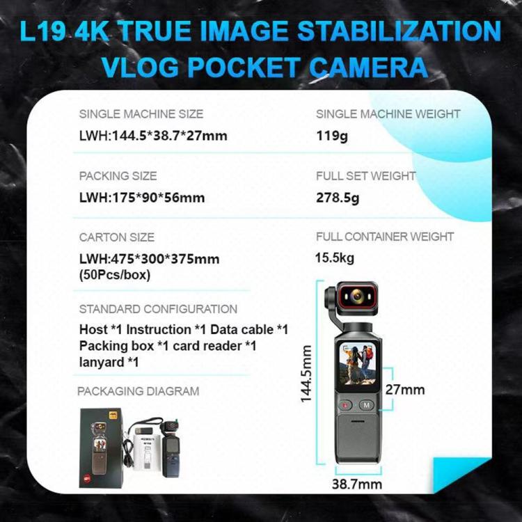 L19 Cámara de acción 4K con pantalla táctil de 1,69 pulgadas y conectividad Wi-Fi, estabilización de imagen y función VLOG. Cámara de bolsillo., L19