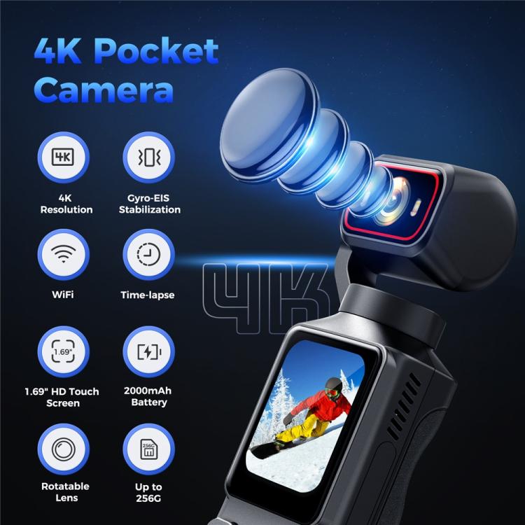L19 Cámara de acción 4K con pantalla táctil de 1,69 pulgadas y conectividad Wi-Fi, estabilización de imagen y función VLOG. Cámara de bolsillo., L19