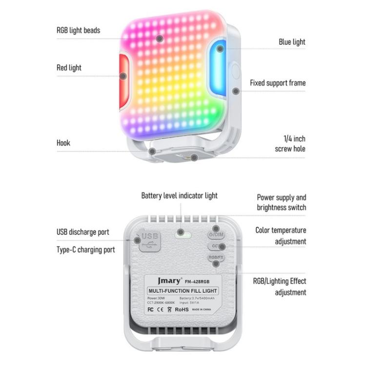 JMARY FM-428RGB Luz de relleno magnética portátil LED RGB para fotografía/videografía, FM-428RGB