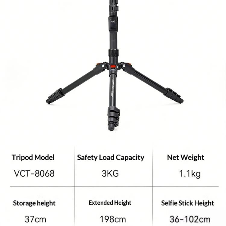 Trípode para cámara YUNTENG VCT-8068 para transmisión en vivo, ajustable, con soporte para teléfono de 1,98 m., VCT-8068