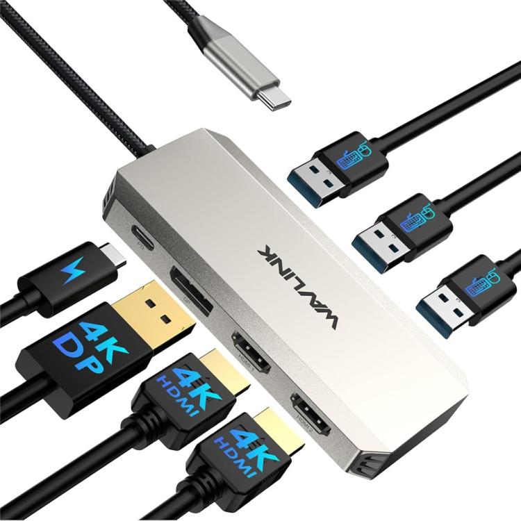 Adaptador de concentrador USB-C para estación de acoplamiento triple 4K para portátiles WAVLINK UMD308L con puertos HD/DP/PD de 100 W