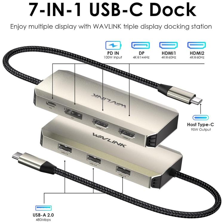 Adaptador de concentrador USB-C para estación de acoplamiento triple 4K para portátiles WAVLINK UMD308L con puertos HD/DP/PD de 100 W