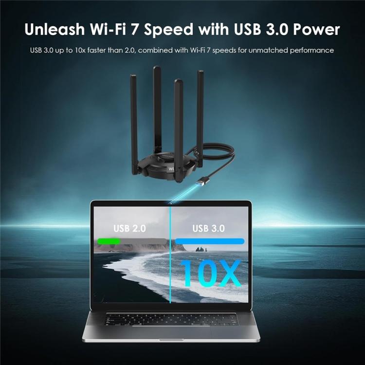 Adaptador WiFi 7 USB 3.0 WAVLINK WN695BE2 BE6500 de triple banda (2,4 GHz / 5 GHz / 6 GHz) con antenas de alta ganancia., WN695BE2
