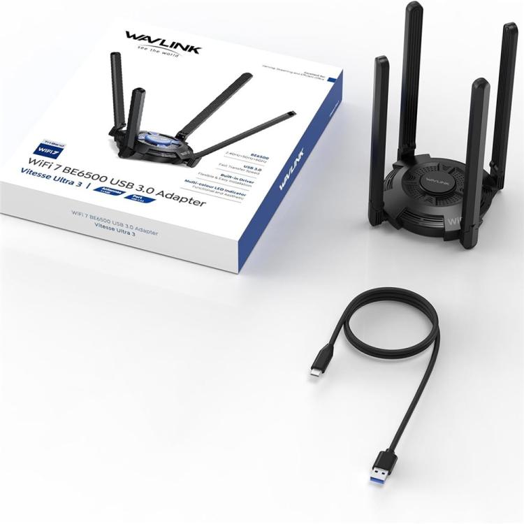 Adaptador WiFi 7 USB 3.0 WAVLINK WN695BE2 BE6500 de triple banda (2,4 GHz / 5 GHz / 6 GHz) con antenas de alta ganancia., WN695BE2