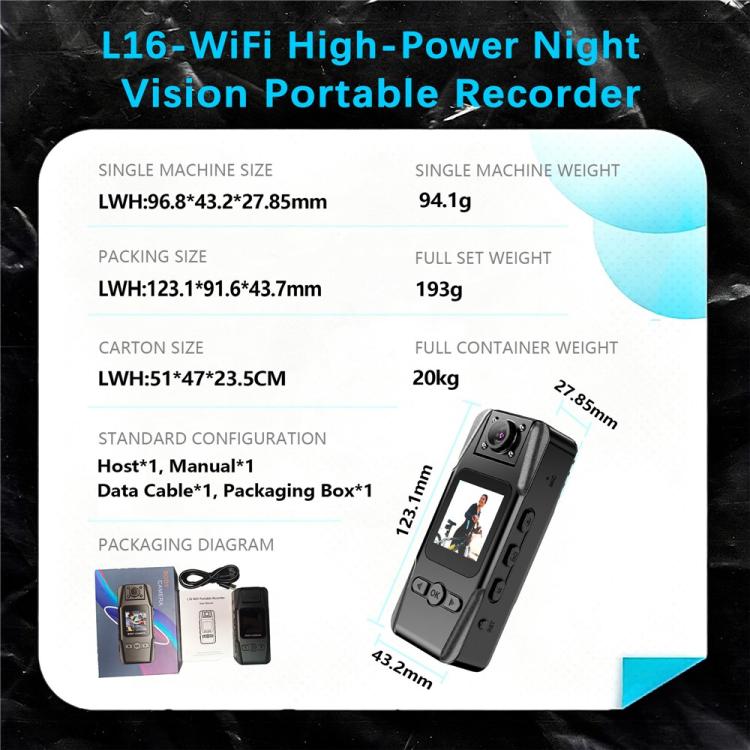 Cámara deportiva portátil L16 WiFi con visión nocturna infrarroja y clip magnético HD para exteriores., L16