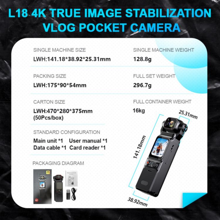 Cámara de acción inalámbrica L18 para exteriores con estabilización giroscópica, pantalla táctil de 1,69 pulgadas y grabación 4K., L18