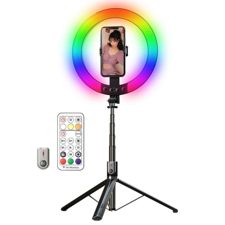 P100-RGB con soporte giratorio para teléfono, 10 pulgadas, palo selfie portátil, aro de luz RGB, luz de relleno de color