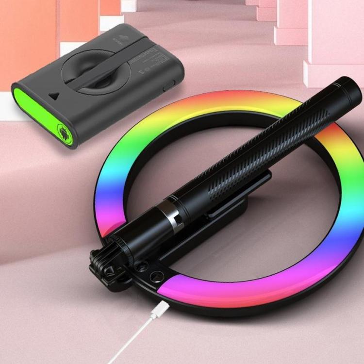 P100-RGB con soporte giratorio para teléfono, 10 pulgadas, palo selfie portátil, aro de luz RGB, luz de relleno de color