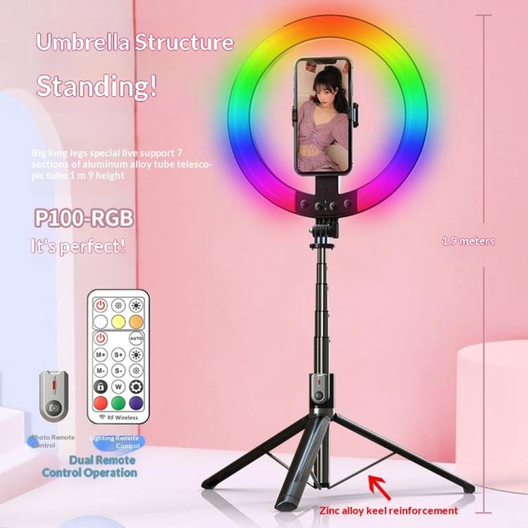 P100-RGB con soporte giratorio para teléfono, 10 pulgadas, palo selfie portátil, aro de luz RGB, luz de relleno de color