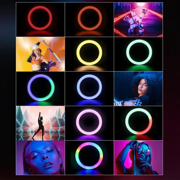 P100-RGB con soporte giratorio para teléfono, 10 pulgadas, palo selfie portátil, aro de luz RGB, luz de relleno de color