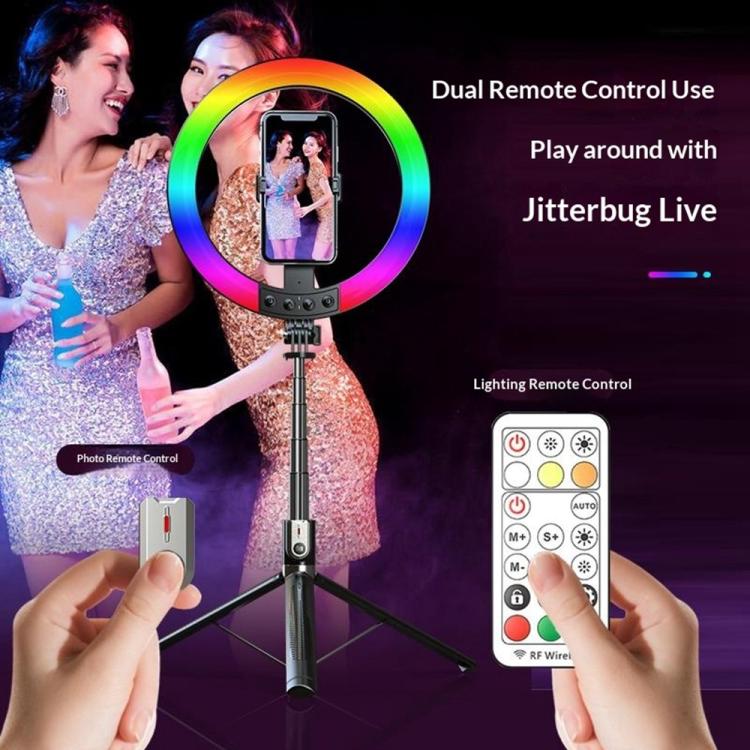 P100-RGB con soporte giratorio para teléfono, 10 pulgadas, palo selfie portátil, aro de luz RGB, luz de relleno de color