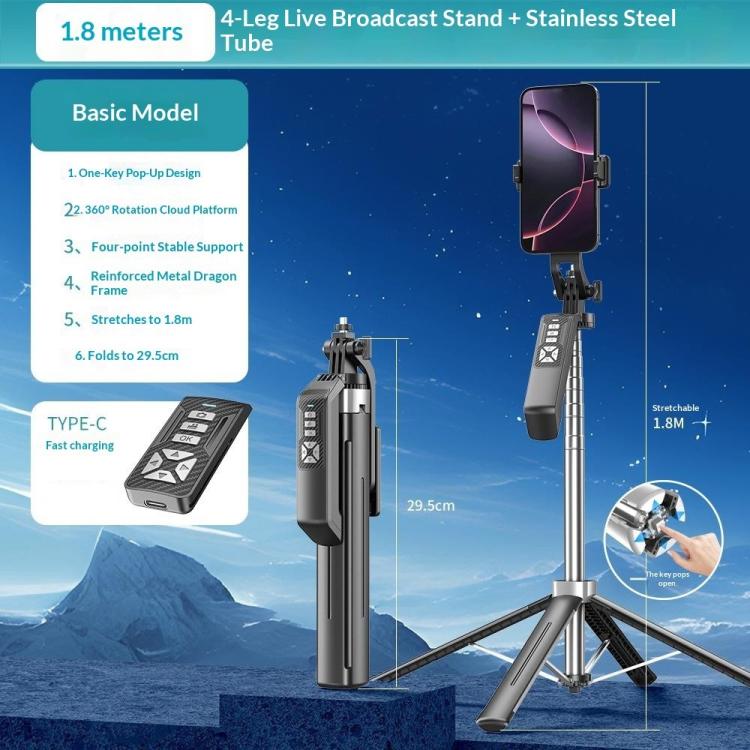 Estabilizador de mano antivibración P18TK, trípode extensible de 4 patas de 1,8 m, palo selfie Bluetooth., P18TK