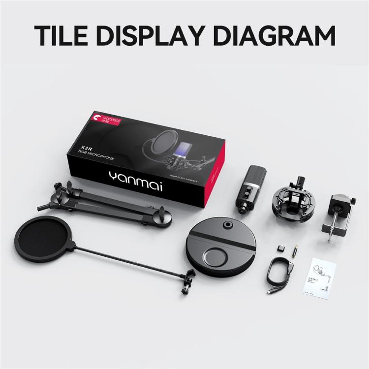Micrófono de condensador con reducción de ruido YANMAI X3R para transmisión en vivo/grabación, iluminación RGB y escritorio.